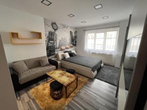 a bedroom with a bed and a couch at BRS22 Rooms in Győr