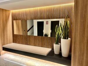 Apartamentos Bruja في سانتا كروث دي تينيريفه: مرآة مع اثنين من النباتات الفخارية على الرف