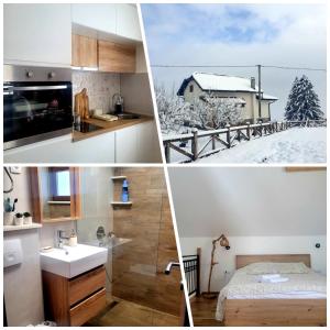 eine Collage mit Fotos von einem Bad und einem Haus in der Unterkunft Zlatna Jabuka apartman in Prijepolje