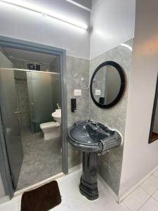 a bathroom with a sink and a mirror and a toilet at Elegant & Luxurious Villa at Film Nagar, Jubilee Hills near Apollo in Hyderabad