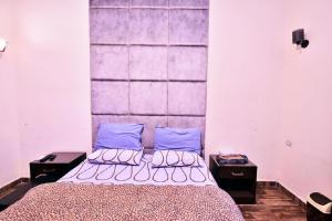 a bedroom with a bed with blue pillows at Appartment down town in Cairo