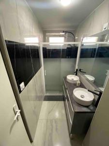 uma casa de banho com um lavatório, um WC e um espelho. em Relax, élégant appartement dans maison indépendante em Gap