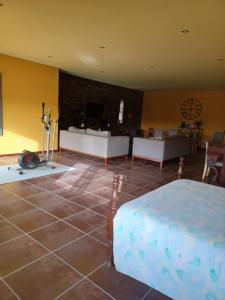 ein Zimmer mit einem Schlafzimmer mit Bett und Sofa in der Unterkunft Alegre moradia in Perozinho