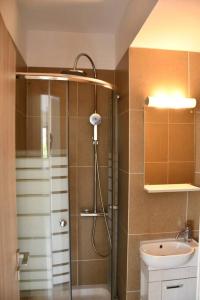 a bathroom with a shower and a sink at Spacious & Minimal Apartment Near Airport Peania Coniann Filoxenia in Paianía