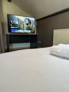 um quarto com uma cama e uma televisão de ecrã plano em Logement indépendant 1 à 2 chambres, idéal séjour Bourg en bresse em Péronnas