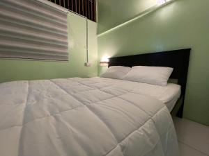 a large white bed in a room with a green wall at Papadam Bamboo House in Bintulu