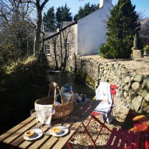 Ballyclare的住宿－Riverside Cottage at Logwood Mill，一张野餐桌,上面有一篮子的食物和一座建筑