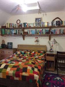 a bedroom with a bed and shelves of books at The Studio, Trelugga in Helston