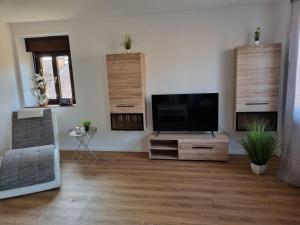 a living room with a flat screen tv on a stand at Ferienwohnung Irina in Zülpich
