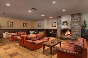 a living room with leather couches and a fireplace at Mura Hotel in Bansko