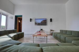 ein Wohnzimmer mit grünen Sofas und einem Tisch in der Unterkunft Crazy Villa Noé Michel 72 - Heated pool - Basket - 2h Paris - 30p in Vallon-sur-Gée