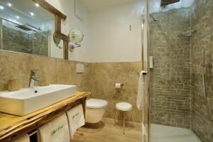 a bathroom with a sink and a toilet and a shower at Hotel Azola in Canazei
