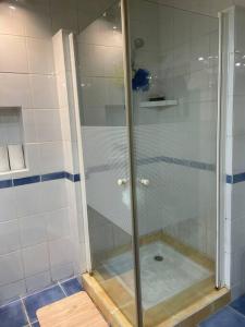 um chuveiro com uma porta de vidro na casa de banho em Gite Le Baulois, maisonnette calme et confort en vallée de Loire em Baule