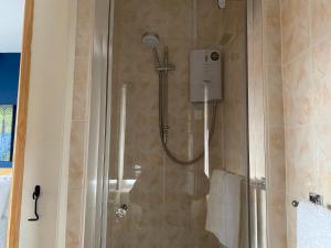 a shower with a shower head in a bathroom at Buile Hill Holiday Flats in Llandudno