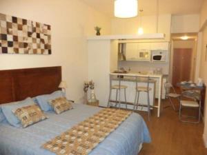 1 dormitorio con 1 cama grande y cocina en Bariloche Downtown 2 en San Carlos de Bariloche