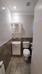 Łazienka z białą toaletą i umywalką w obiekcie Cabaña FEMIBA 4 w mieście El Calafate