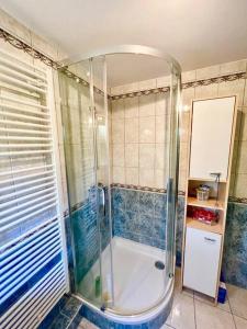 W łazience znajduje się prysznic ze szklanymi drzwiami. w obiekcie Au nid de cigogne avec garage à Kaysersberg w mieście Kaysersberg