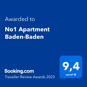 No1 Apartment Baden-Badenに飾ってある許可証、賞状、看板またはその他の書類