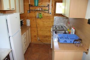 La cuisine est équipée d'un réfrigérateur blanc et d'un évier. dans l'établissement Chata U Jozefa, à Malý Lipník