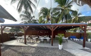 een patio met tafels en stoelen en palmbomen bij Les Créolines in Sainte-Luce