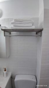 a white bathroom with a shelf above the toilet at Cavnic Hills Apartments in Cavnic