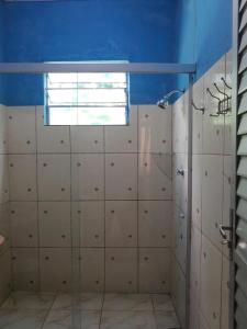 a bathroom with a shower and a window at Sítio Família Morais in Salvaterra