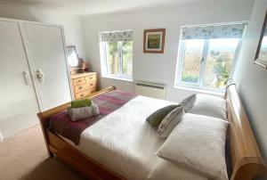 a bedroom with a bed and two windows at Haytor Court, Haytor, Dartmoor in Haytor