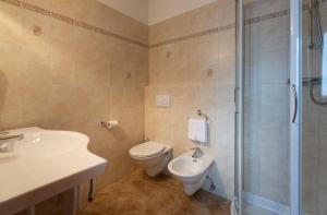 a bathroom with a toilet and a sink and a shower at Hotel Funivia in Bormio