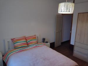 ein Schlafzimmer mit einem großen Bett mit bunten Kissen in der Unterkunft Appartement 1er etage proche des Termes in Bourbonne-les-Bains