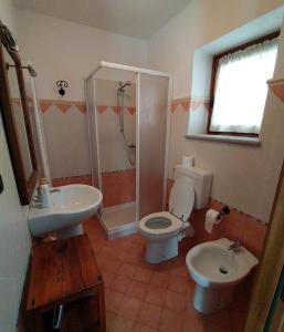 y baño con aseo, lavabo y ducha. en L'Antica Dimora, en Perosa Argentina
