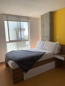 馬尼薩萊斯的住宿－Ulivin Apartaestudios Manizales，一间卧室设有一张大床和窗户