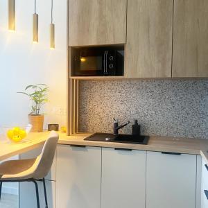 a kitchen counter with a sink and a microwave at Apartament Hanza 615 in Szczecin
