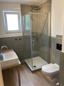 a bathroom with a shower and a toilet and a sink at Design-Suite am See in Ascheberg