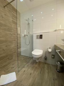 W łazience znajduje się toaleta i przeszklony prysznic. w obiekcie Ferienhof Bludnik w mieście Kaupen