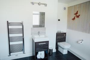 Baño blanco con lavabo y aseo en The Fox Inn en Stourbridge