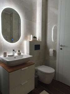 ein Badezimmer mit einem Waschbecken, einem WC und einem Spiegel in der Unterkunft LUMI apartments Jahorina L5 A19 in Jahorina