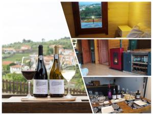 un collage de tres fotos con botellas de vino y copas en Casa das Vinhas Velhas by Casa do Poço en Peso da Régua