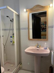 uma casa de banho com um lavatório e um chuveiro com um espelho. em Vigo Excursions em Vigo