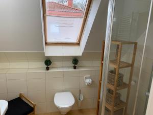a small bathroom with a toilet and a window at Fischerhus in Bad Kleinen