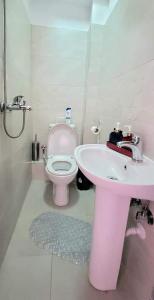 La salle de bains est pourvue d'un lavabo rose et de toilettes. dans l'établissement Classic House Hotel, à Korçë