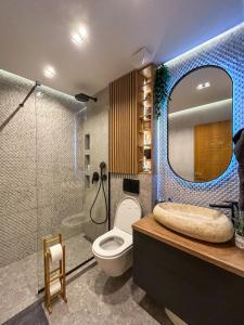a bathroom with a toilet and a shower and a mirror at Apartment Radovic in Sveti Stefan
