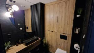 une salle de bain avec un lavabo et un miroir dans l'établissement Apartament Czarna Perła z dużym tarasem NA Dachu 75m2 , PROJEKTOR ,garaż podziemny, à Kielce 37 autres photos