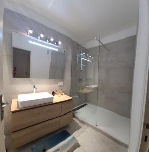 a bathroom with a sink and a shower at Appartement Anna Grande Vue Mer in Sainte-Maxime