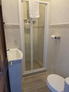 a bathroom with a shower and a toilet and a sink at Doriam Guest House in Bridlington