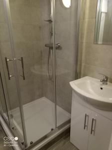 a bathroom with a shower and a sink at 1844 Seascape Cottage in Fanore +29 photos