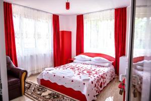 a red bedroom with a bed with red curtains at Pensiunea Larisa in Ocna Şugatag