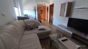 uma sala de estar com um sofá branco e uma televisão de ecrã plano em Prijetno stanovanje v bližini Term 3000 - Vivat em Moravske-Toplice