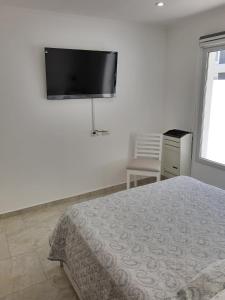 1 dormitorio con 1 cama y TV de pantalla plana en la pared en Liniers 14 en Tandil
