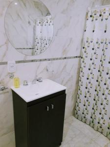 y baño con lavabo, espejo y ducha. en Liniers 14 en Tandil