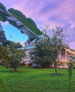 un grand bâtiment avec des arbres devant dans l'établissement La KazaDette, à Lamentin